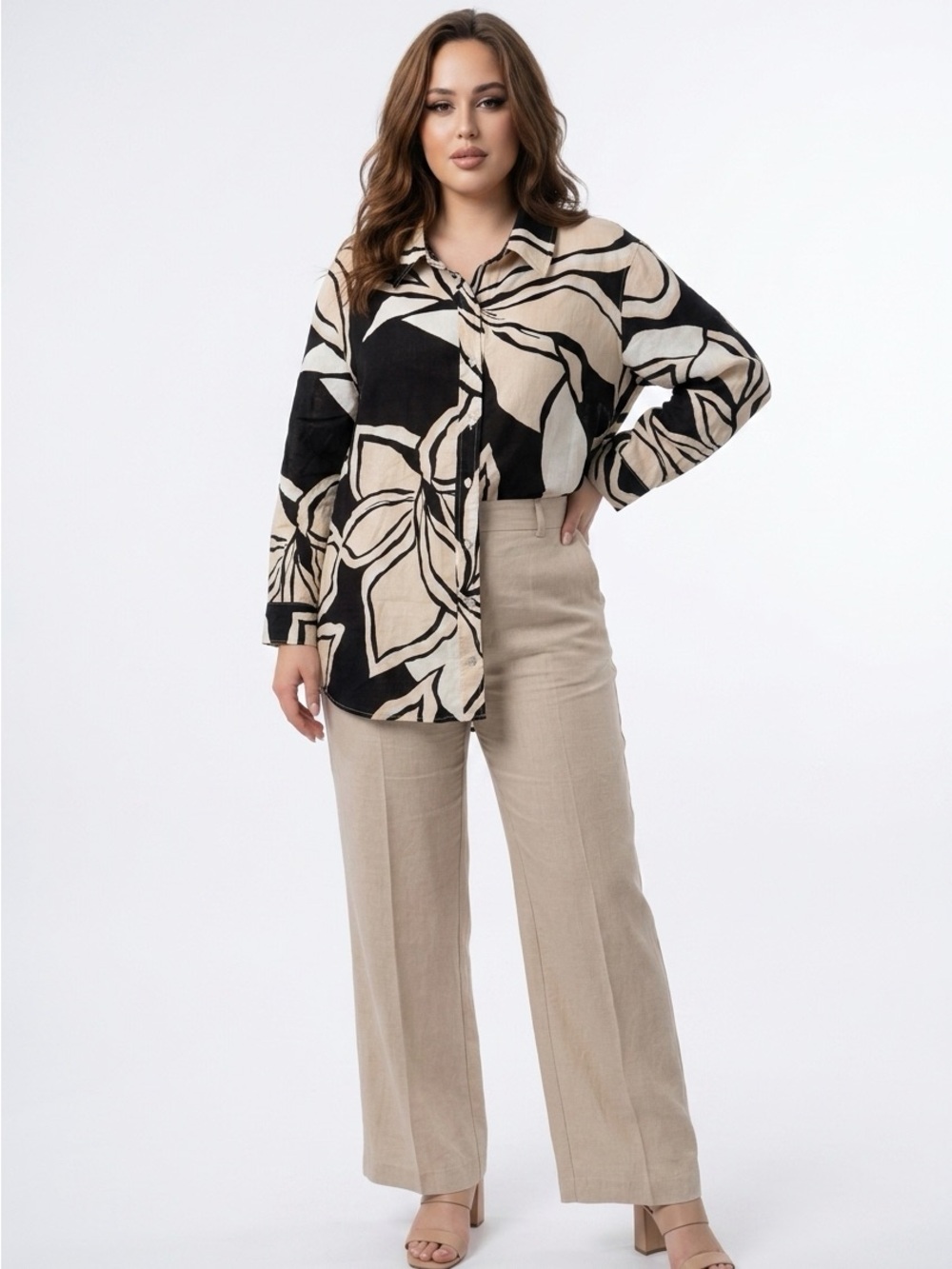 Rachel Zoe Womens Sz 2X Linen Blend Black Ivory Floral Print Button Up Tunic Top